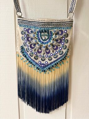 Embroidered Fringe Crossbody Bag in Blue and Cream